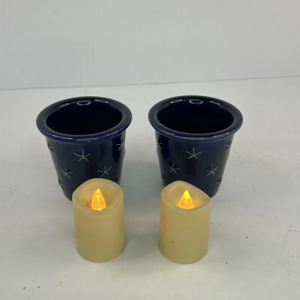 Longaberger Pottery Proudly American Star Votive Set Lot of 2 Cobalt Blue Stars